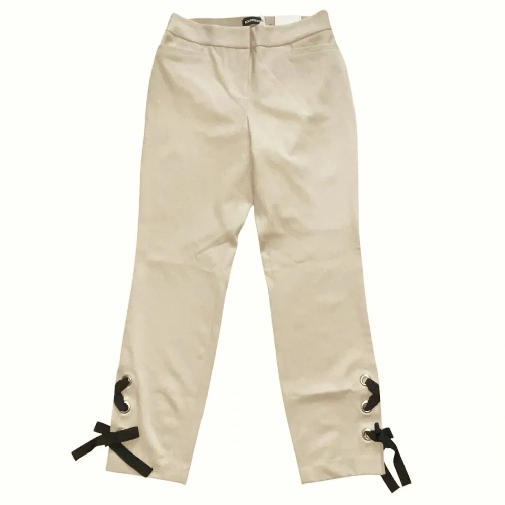 NWT Express Cream Ankle Pant Lace Up Detail XS Stretch Slim Straight Leg